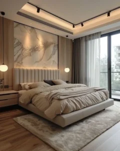 Modern Master Bedroom with Mural Headboard Interior Design by Houseway