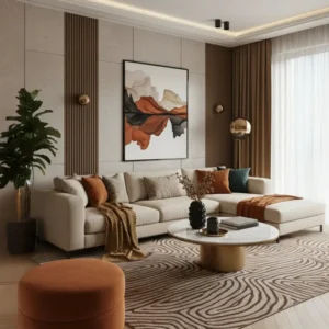Warm Palette Living Room Interior Design by Houseway