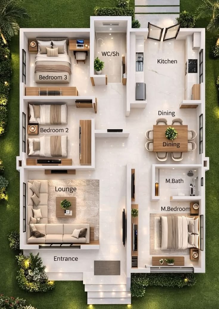 3D top-down floor plan of a 3BHK luxury apartment in Hyderabad showing modern interior layout, modular kitchen, and spacious lounge area.