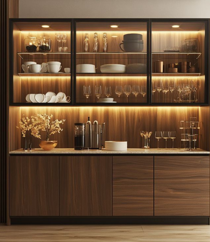 Modern built-in wooden crockery unit featuring black-framed glass upper display cabinets with intensive warm LED backlighting on every shelf, an open serving counter, and clean wooden lower storage cabinets.