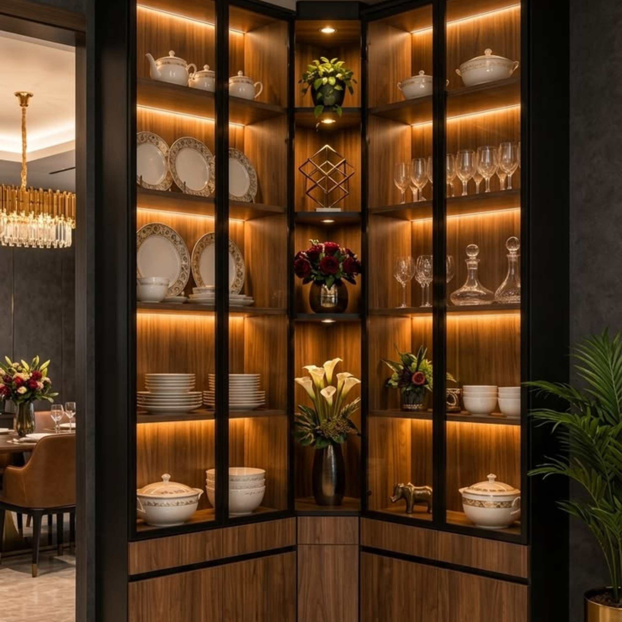 Modern built-in corner crockery unit featuring wrap-around black-framed glass-shutter display doors, warm wood-finish interiors with built-in LED strip lighting, and closed wooden cabinets below.
