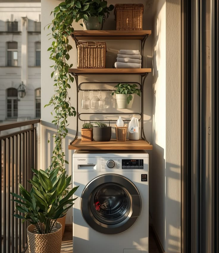 Compact service balcony utility setup featuring a front-load washing machine beneath a vertical metal frame with wooden open shelves, wicker storage baskets, cleaning supplies, and lush cascading indoor plants.