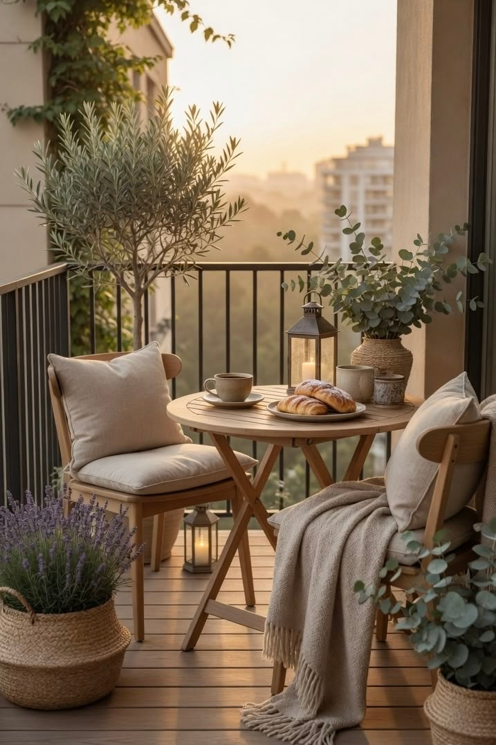 Cozy apartment balcony morning coffee nook featuring a round wooden folding table, two wooden chairs with beige cushions, potted lavender and olive plants in woven baskets, and glass floor lanterns against a sunrise city skyline.