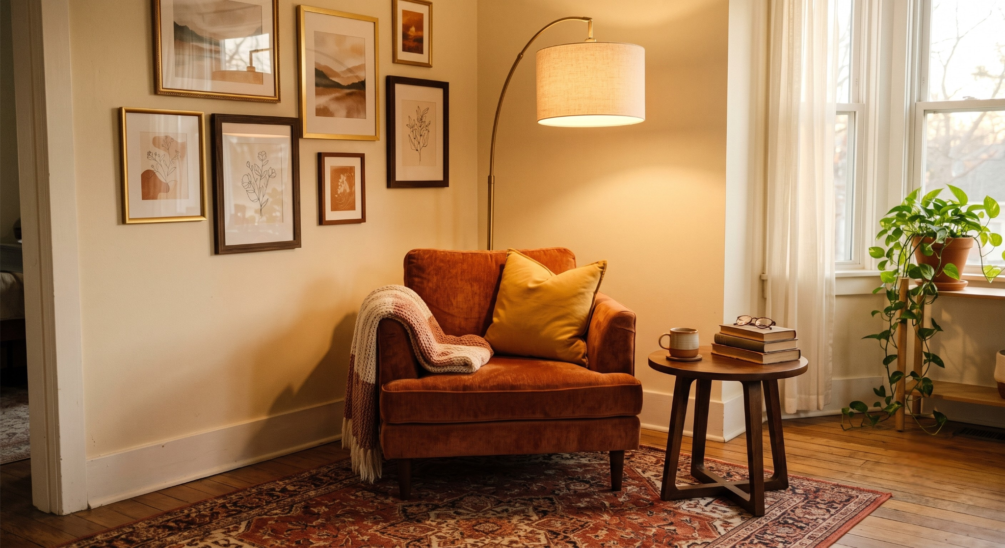 Cozy reading nook corner featuring a rust-orange velvet armchair, a brass arched floor lamp, a gallery wall of botanical art prints, and a vintage Persian rug over hardwood flooring.