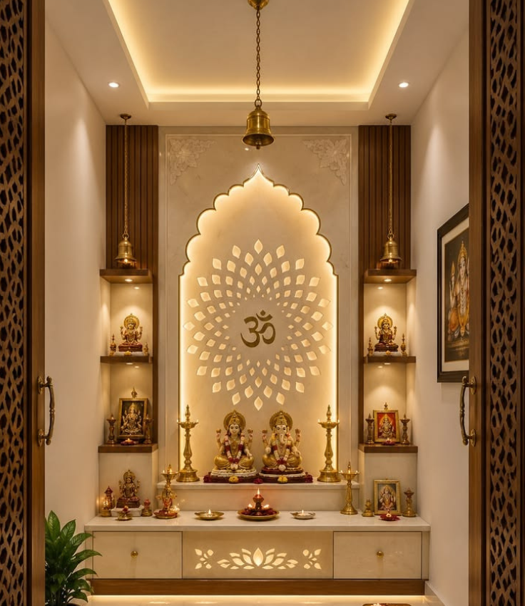 Grand dedicated Pooja room interior featuring carved wooden double doors, a backlit marble backdrop with an Om cutout, a stepped marble counter, hanging brass bells, and recessed display niches.