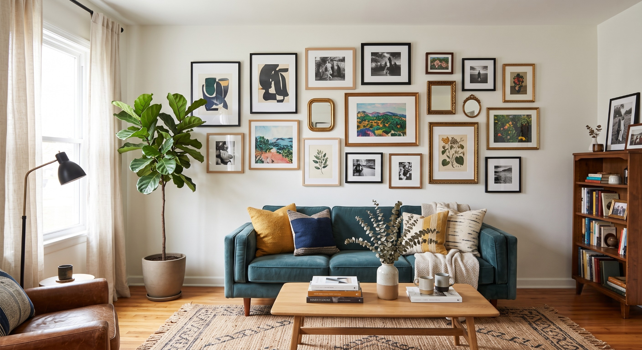 Eclectic living room interior featuring a teal velvet sofa, a large curated floor-to-ceiling gallery wall, a potted fiddle leaf fig plant, and a light wood coffee table over a woven rug.