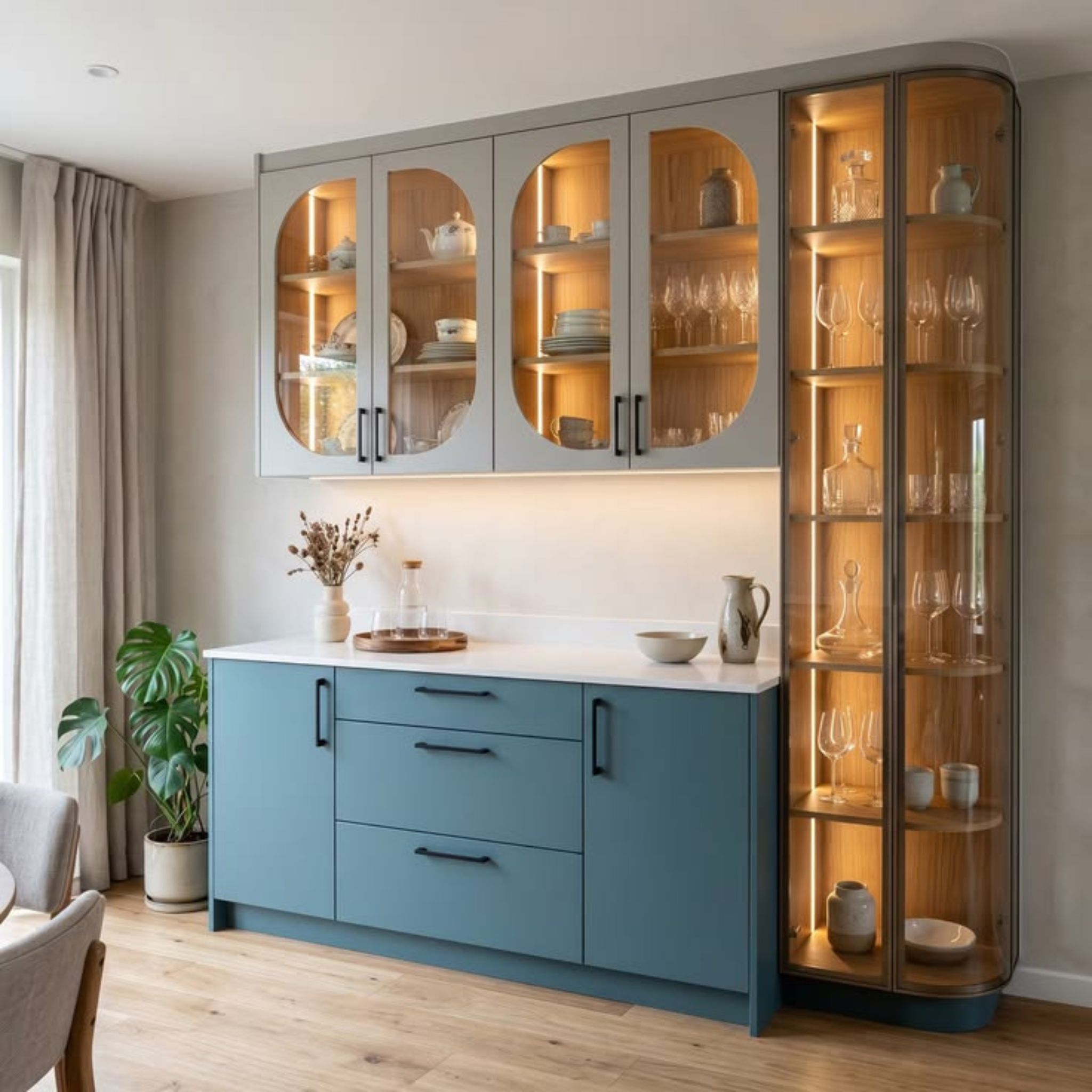 Modern dual-tone crockery unit featuring deep teal lower cabinets, an integrated white quartz serving counter, soft grey upper wall cabinets with arched glass doors, and a full-height curved glass display tower with vertical LED lighting.