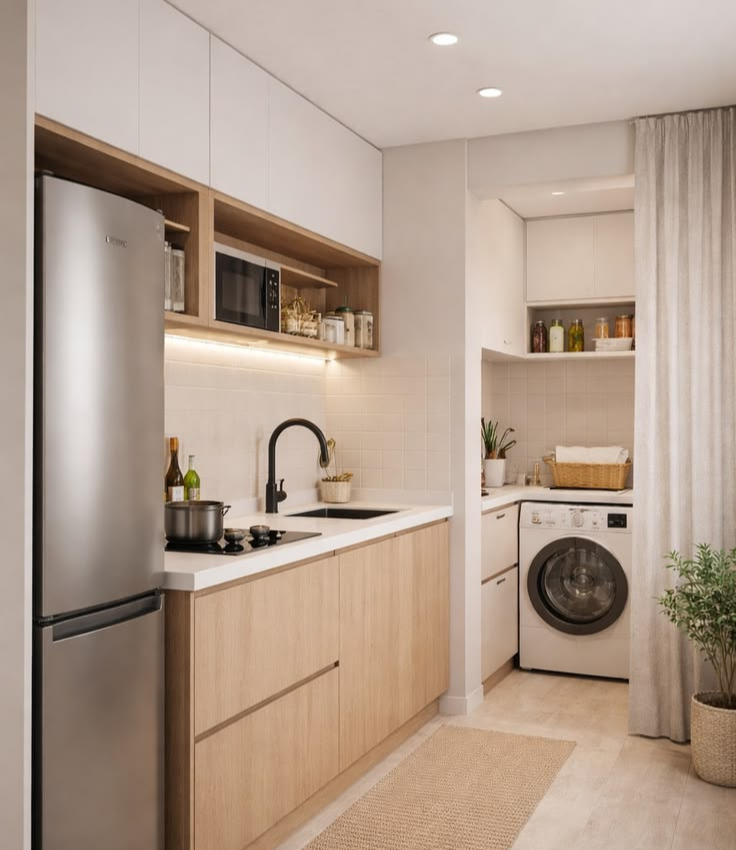 Modern kitchen-adjacent utility and laundry area featuring matching wood-grain base cabinets, white upper storage, a front-load washing machine, open shelving for jars, and a soft curtain room divider.