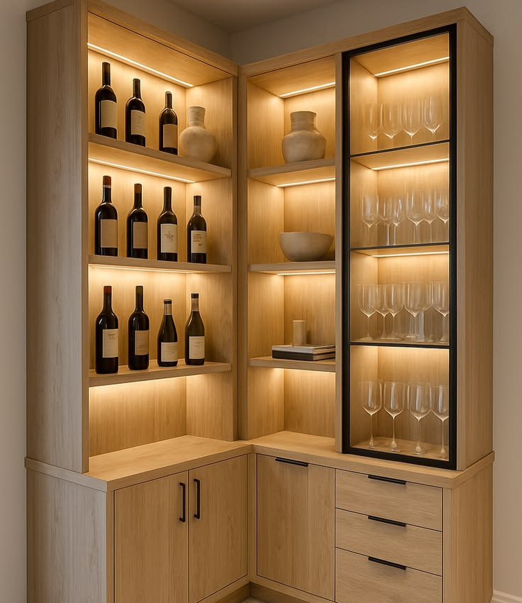 Modern custom L-shaped corner crockery unit featuring warm wood-grain finishes, built-in wine bottle display shelving, an open corner display section, a black-framed glass-shutter cabinet for glassware, and lower drawers and cabinets with warm LED strip lighting on every shelf.