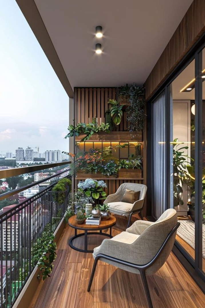 Luxury high-rise balcony featuring wooden decking, a slatted wood vertical garden wall with integrated LED lighting and tropical plants, two modern upholstered lounge chairs, and a round coffee table.