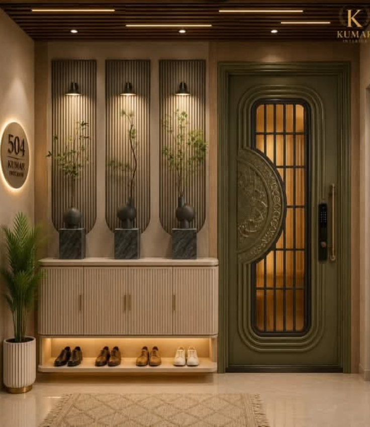 Luxury dedicated apartment foyer featuring a custom olive-green main door with intricate metallic embossing, a floating fluted shoe console with backlit open shelving, vertical wall niches with greenery, and a slatted wood ceiling.