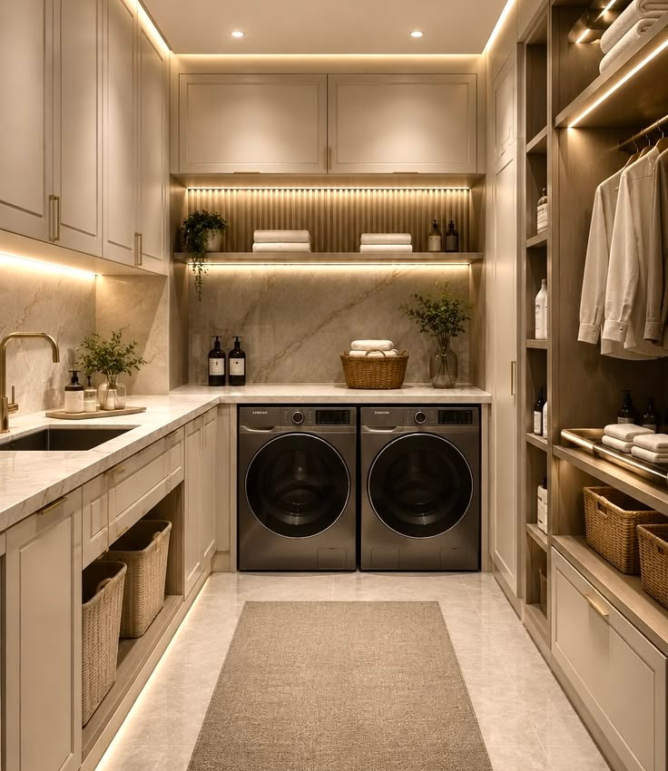 Luxury dedicated villa utility and laundry room featuring side-by-side dark metallic washers and dryers, marble countertops, upper cabinets, a fluted wood shelf with warm LED lighting, and open wardrobe-style linen storage.