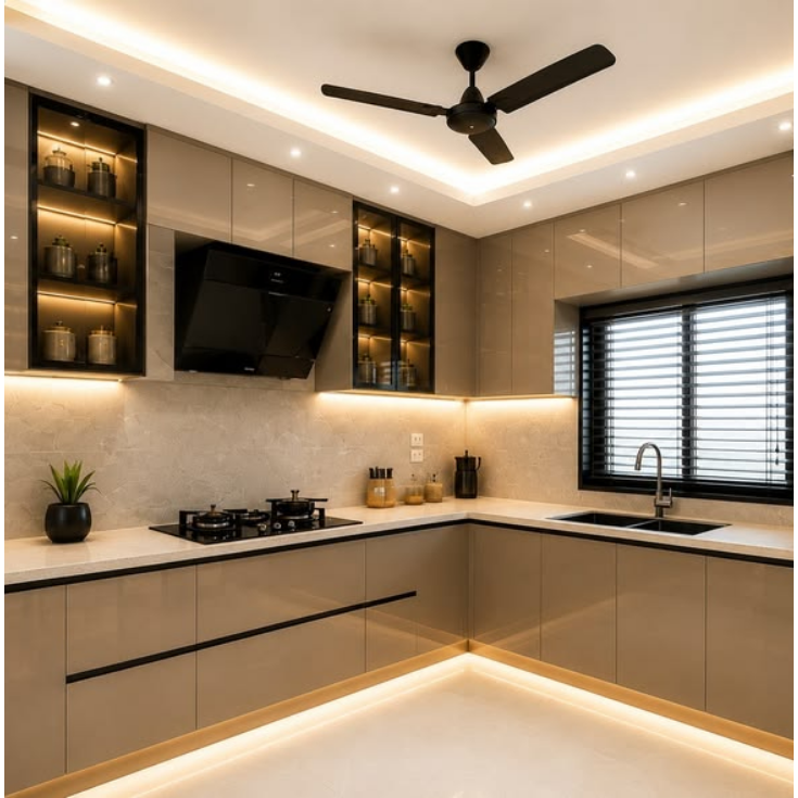 Modern L-shaped modular kitchen featuring glossy neutral acrylic cabinets, black tinted glass display units with internal lighting, handleless Gola profiles, and glowing skirting illumination.
