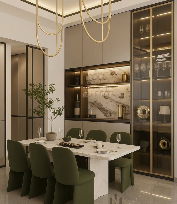 Luxury sideboard-style dining unit featuring muted beige cabinetry, a marble-clad serving bar with integrated glass racks, warm LED backlighting, and a full-height glass display tower with gold frames.