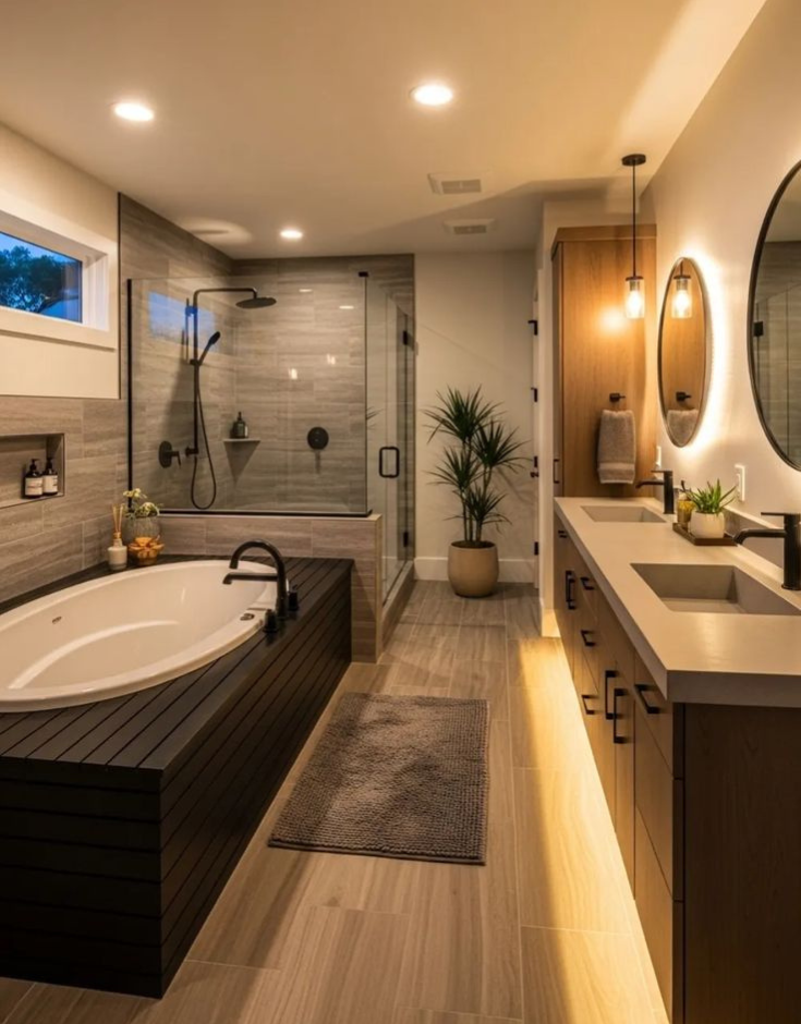 Luxury spa bathroom interior featuring a built-in bathtub with a black slatted wood surround, a glass shower enclosure, a wood-finish double vanity with matte black fixtures, and two backlit round mirrors.