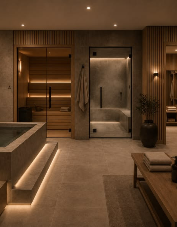 Luxury spa-style master bathroom featuring a built-in stone soaking tub with LED under-lighting, a glass-enclosed wooden sauna, a steam shower, and slatted wood wall panels.