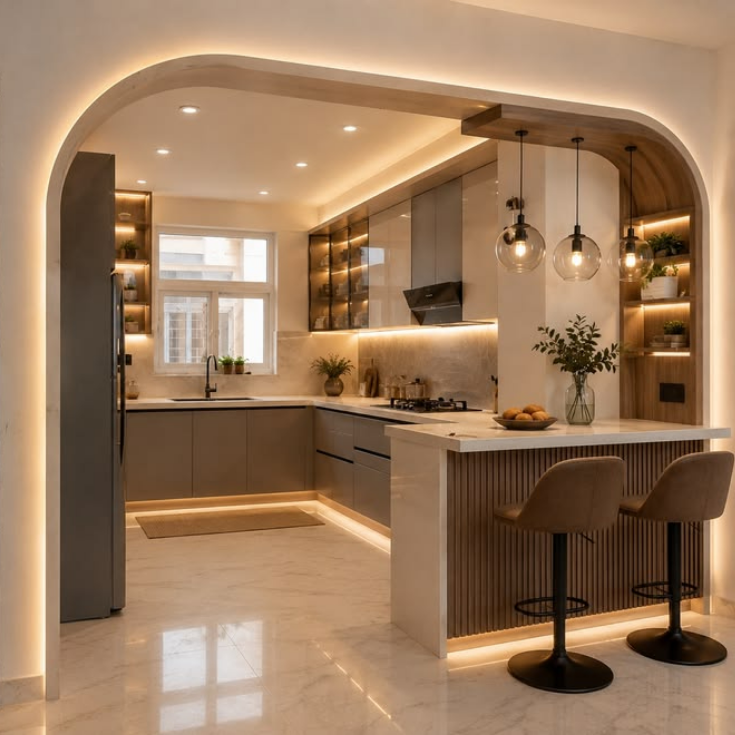 Modern U-shaped modular kitchen framed by an illuminated archway, featuring a fluted wood breakfast peninsula, glass pendant lights, and handleless grey cabinetry.