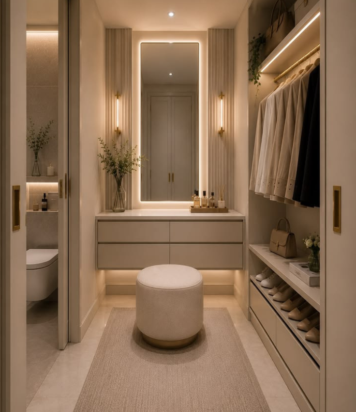 Luxury walk-in wardrobe and vanity corridor featuring a central floating makeup desk with a backlit mirror, fluted wall panels, wall sconces, open garment hanging systems, and an adjoining master bathroom.
