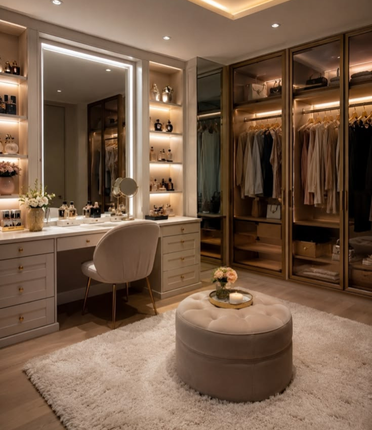 Luxury walk-in wardrobe and master dressing room featuring a custom makeup vanity with a large backlit LED mirror, illuminated open display niches, full-height glass-shutter wardrobes, and a central tufted ottoman.
