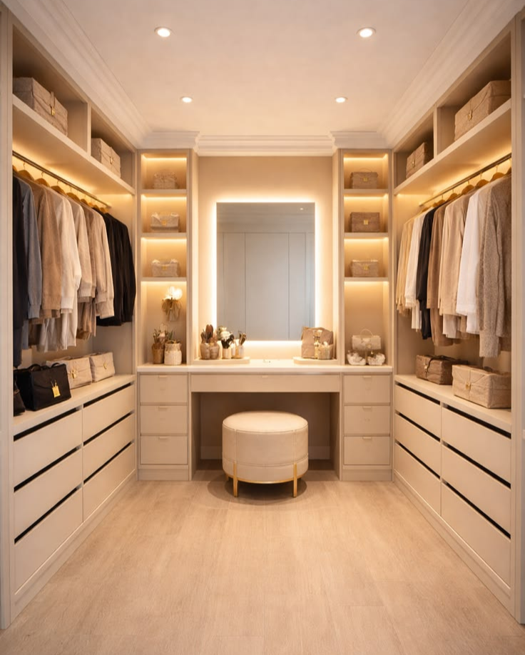 Symmetrical walk-in wardrobe featuring a central vanity desk with a backlit mirror, open shelving illuminated by warm LED strips, beige drawer units, and a round upholstered pouf.