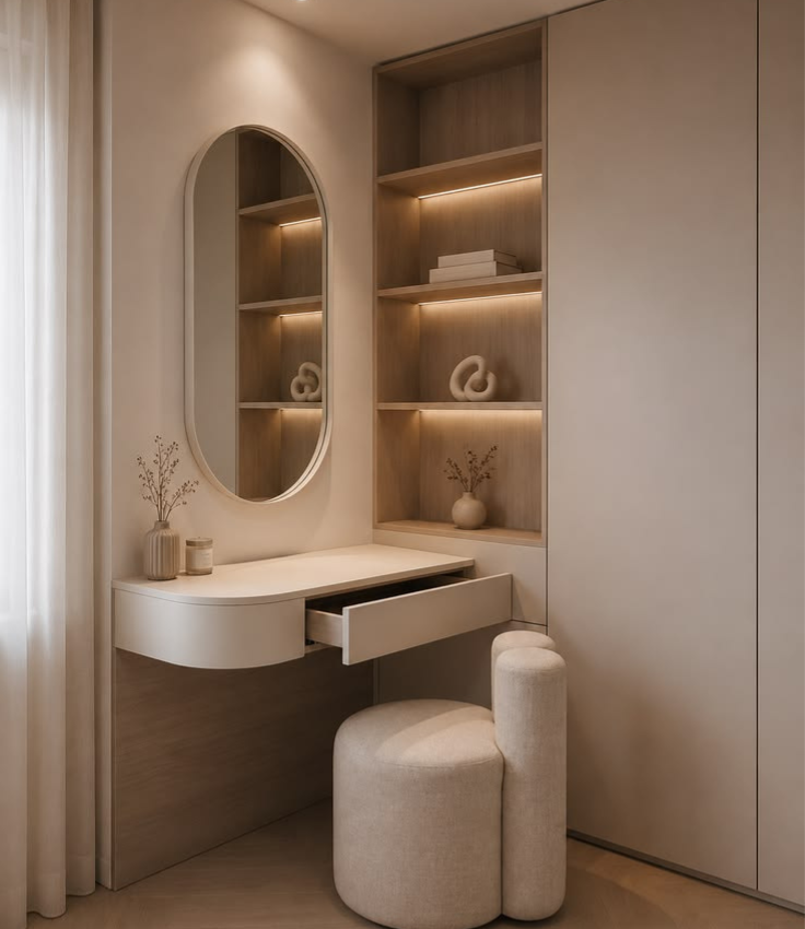 Minimalist bedroom vanity and dressing corner featuring a floating curved drawer desk, a pill-shaped wall mirror, built-in wooden corner display shelves with warm LED lighting, and a sculptural upholstered stool.