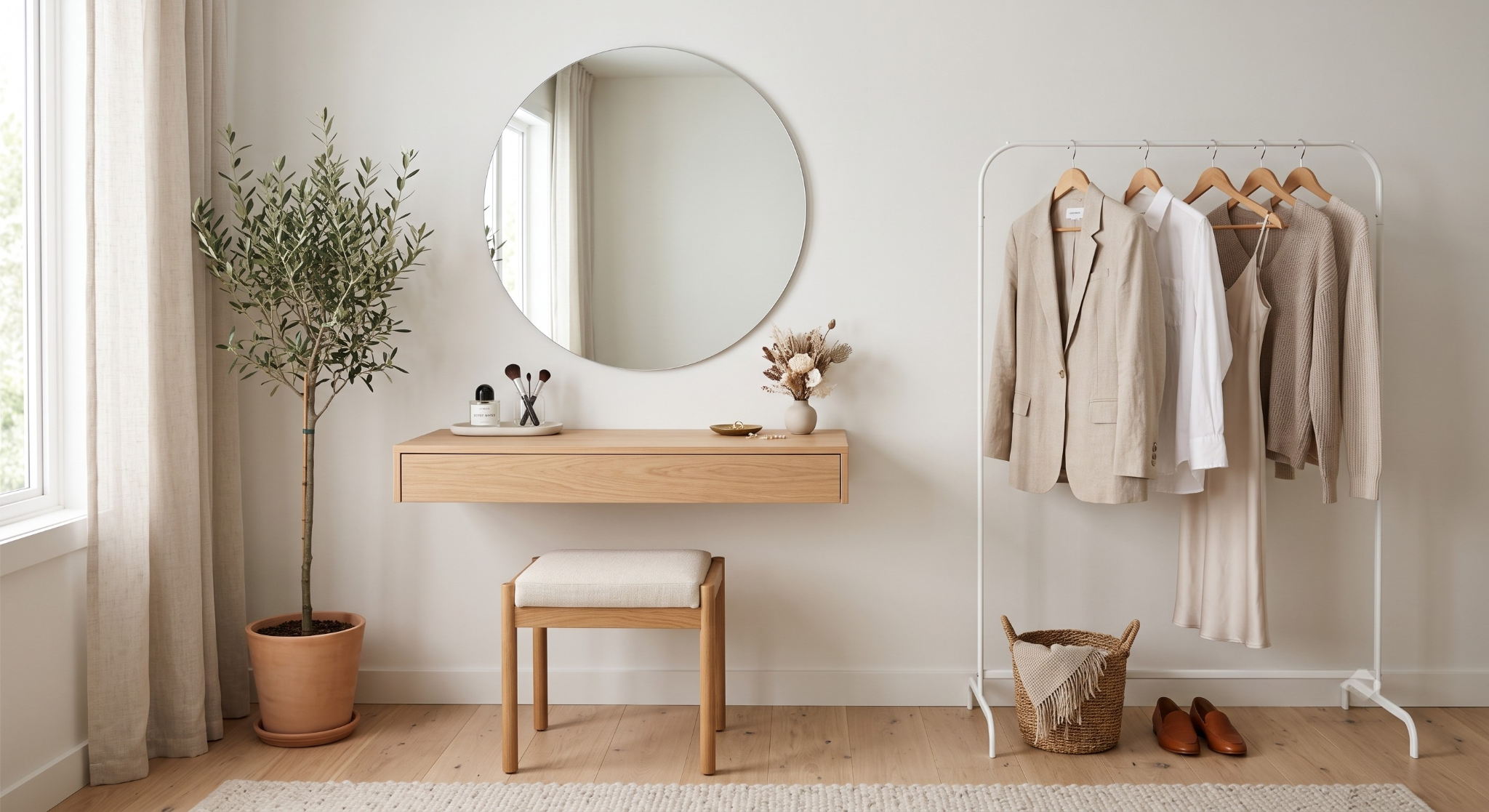 Minimalist bedroom dressing corner featuring a light wood floating vanity drawer, a large round frameless mirror, an upholstered wooden stool, an indoor olive tree, and a freestanding white clothing rack with neutral garments.