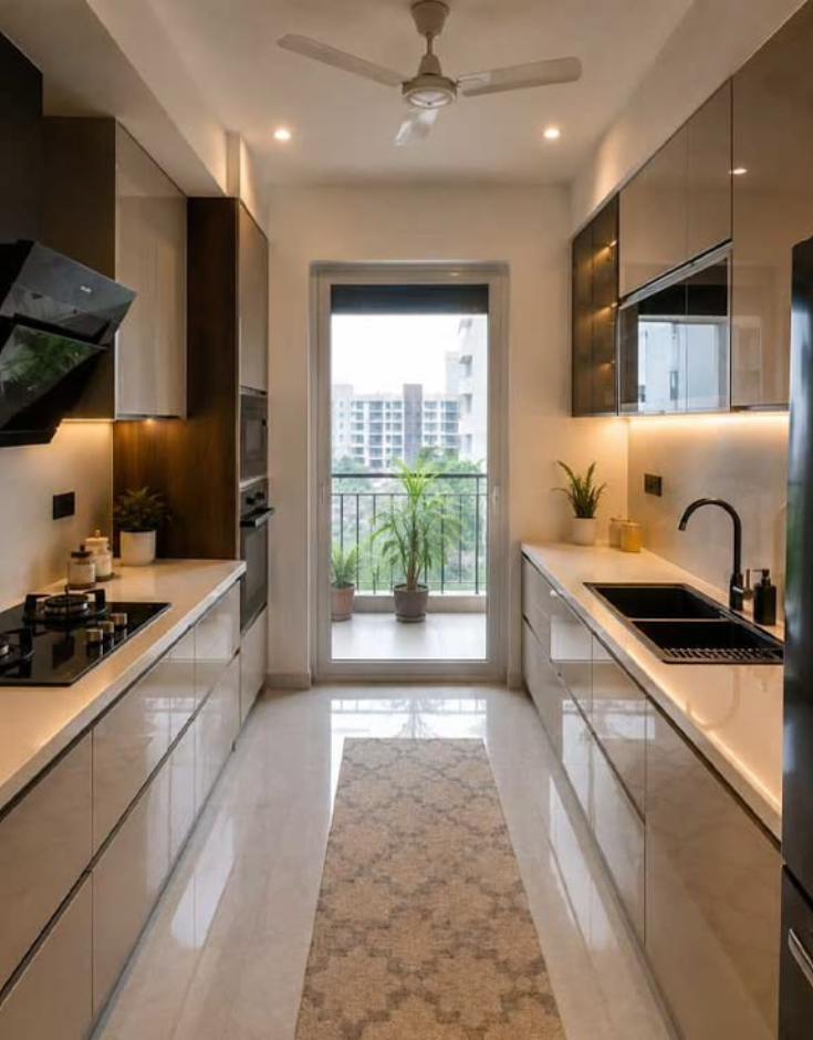 Compact parallel modular kitchen featuring glossy beige handleless cabinets, a black integrated sink, built-in appliances, under-cabinet lighting, and a glass balcony door.