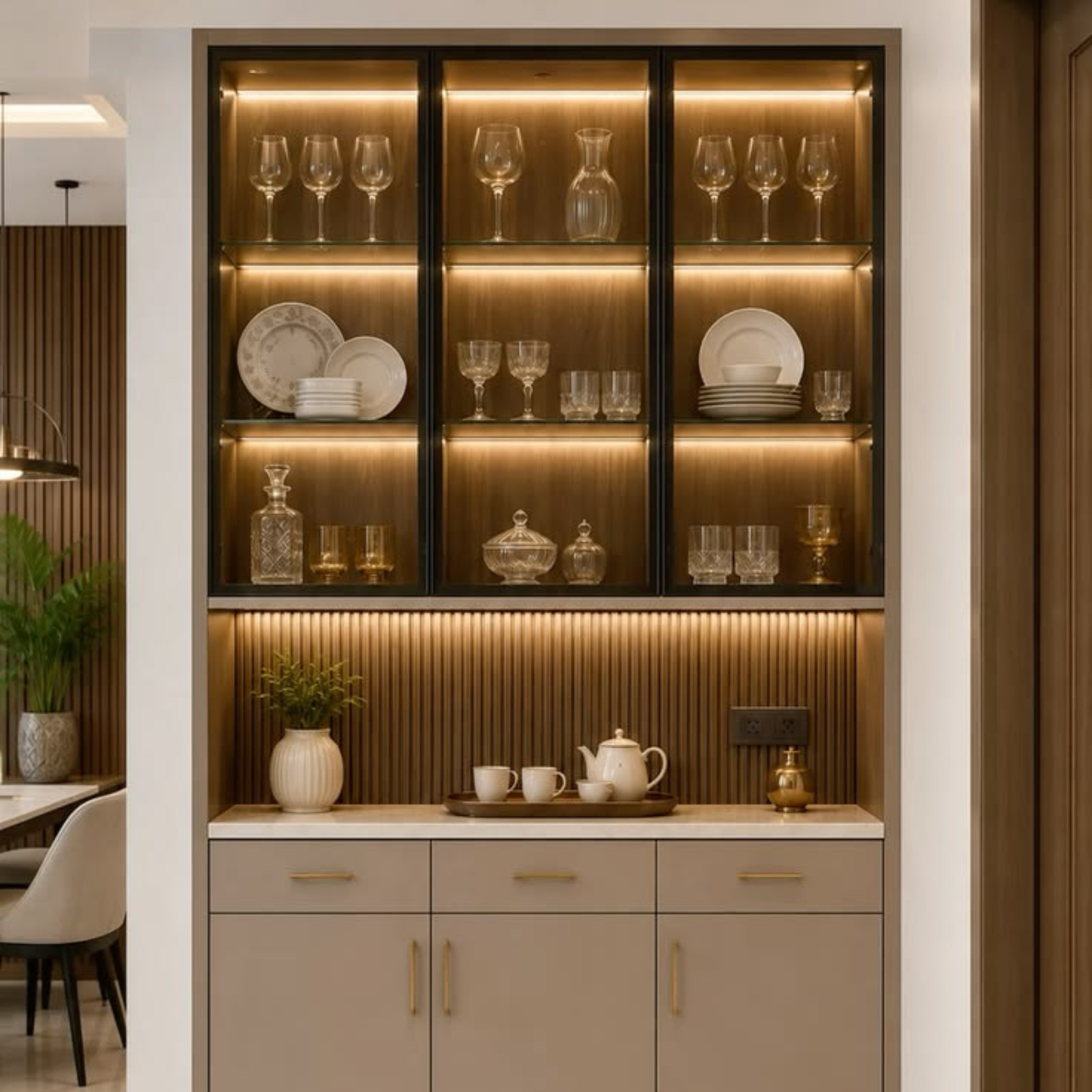 Modern built-in crockery unit featuring glass-front upper display shelves with warm LED backlighting, a fluted wood accent backsplash with a serving counter, and neutral lower storage cabinets.