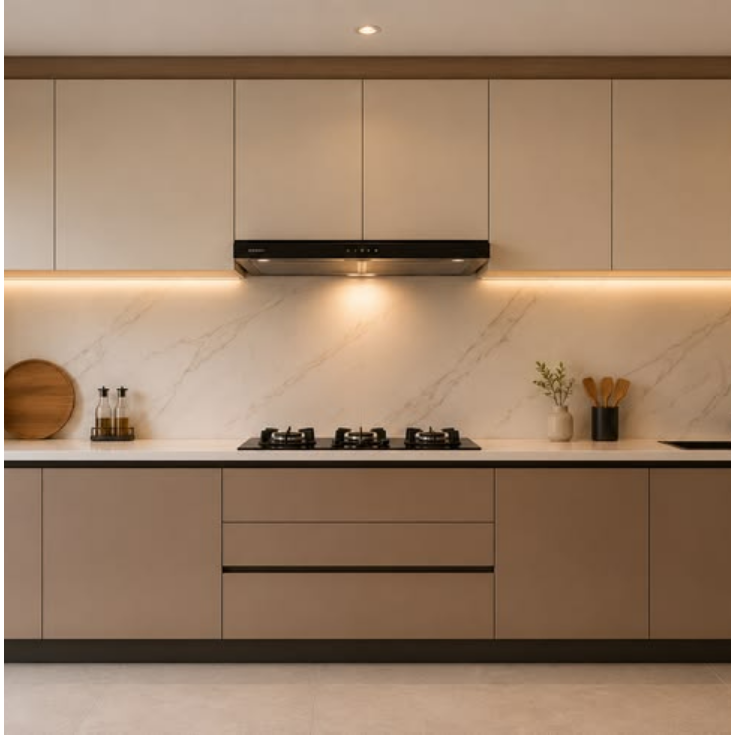 Modern straight modular kitchen interior featuring handleless two-tone cabinetry, a seamless marble backsplash, warm under-cabinet lighting, and a built-in gas hob.