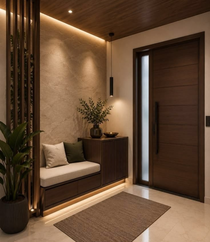 Modern open-plan entry zone featuring a dark wood main door with a glass sidelight, a combined wooden shoe bench and fluted credenza with under-lighting, a textured stone accent wall, and vertical wood partition screens.