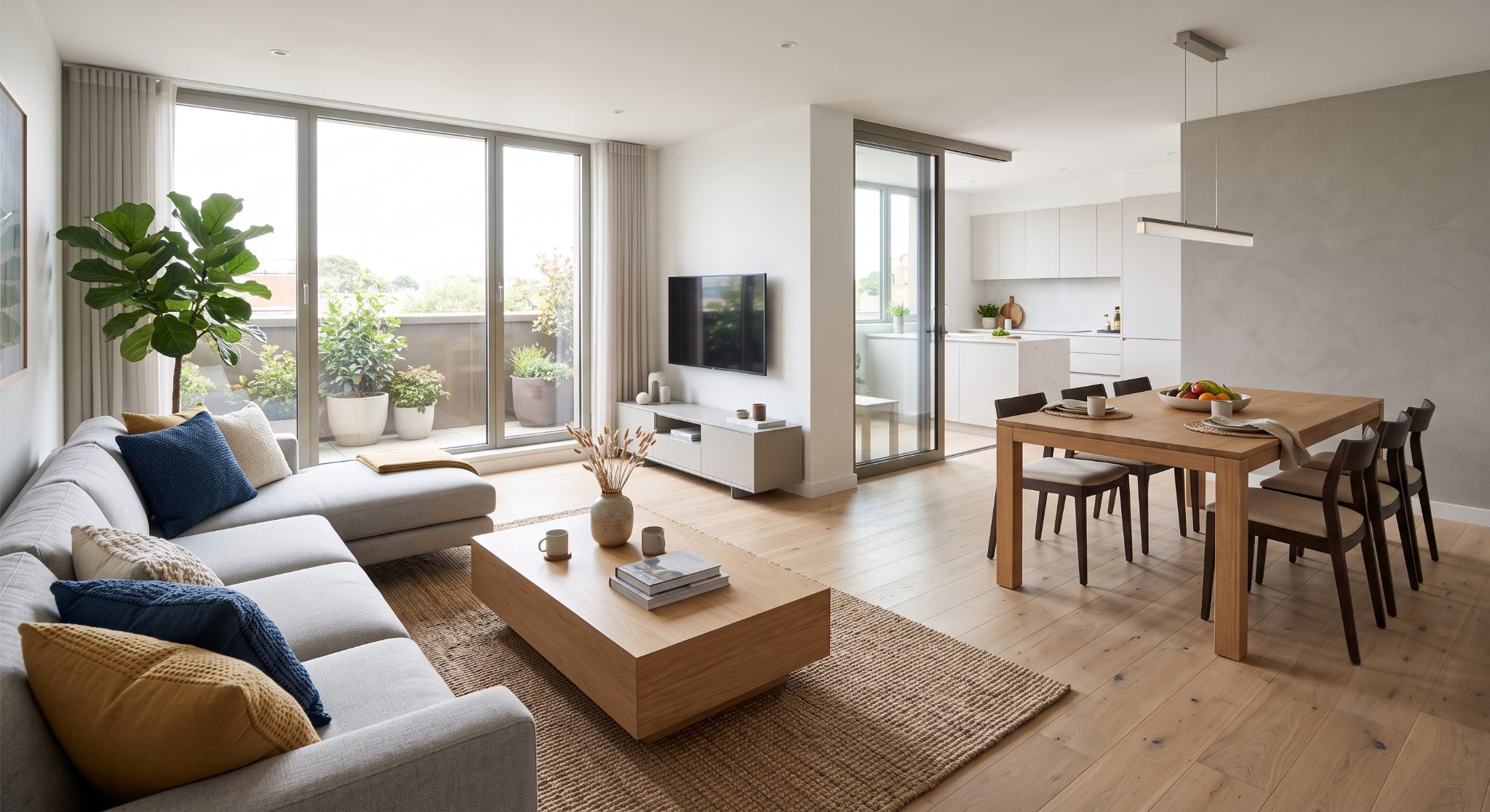 Modern open-plan living area featuring a light grey sectional sofa, an oak wood coffee table, a wooden dining set, and seamless access to a modular kitchen and a balcony with potted plants.