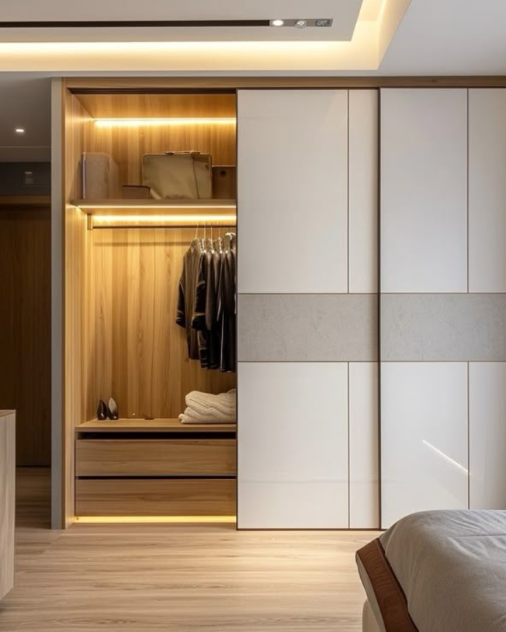 Modern sliding wardrobe featuring color-blocked white and grey doors, partially open to reveal a warm wood-finish interior with integrated LED lighting, hanging space, and bottom drawers.