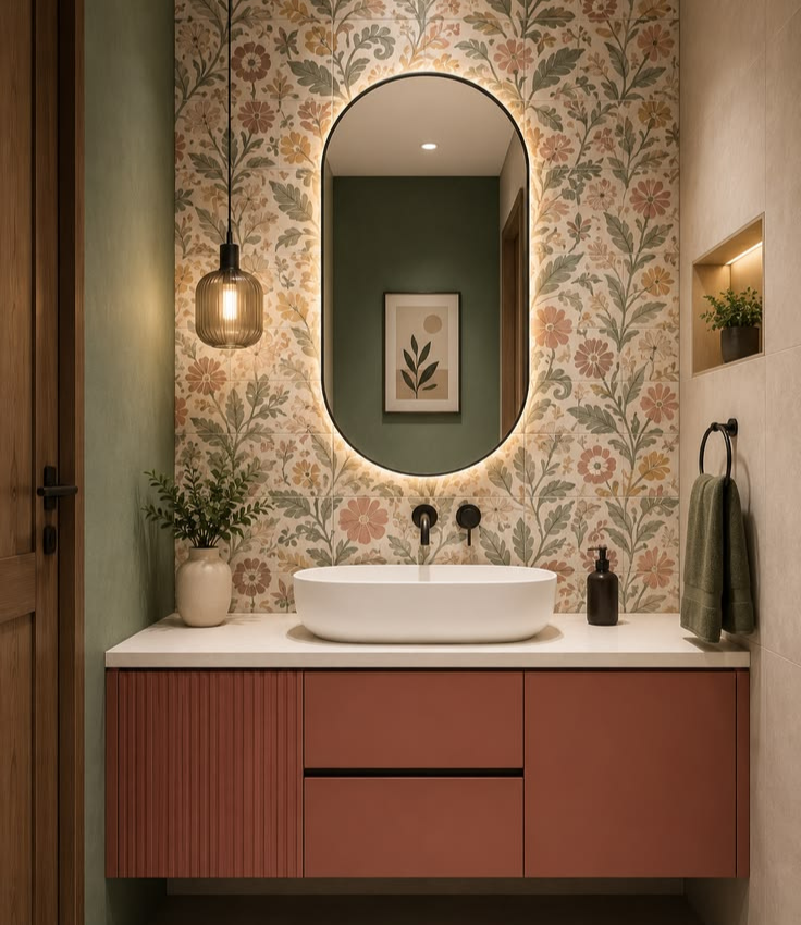 Modern wall-mounted bathroom vanity featuring a floating terracotta-pink cabinet with fluted details, an oval vessel sink, a pill-shaped backlit mirror, floral botanical accent tiles, and a glass pendant light.