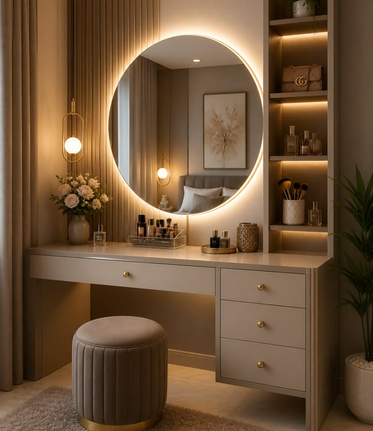 Modern wall-mounted vanity dressing table featuring a large round backlit LED mirror, vertical fluted wall paneling, a hanging pendant light, a tall illuminated display tower, and a matching tufted stool.