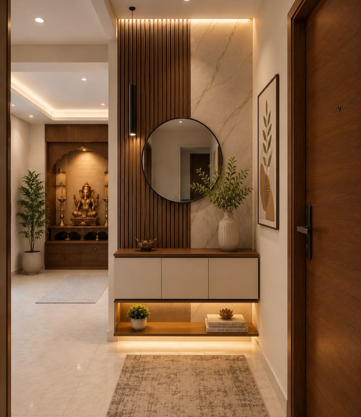 Modern open-plan apartment foyer featuring a floating console with neutral cabinets and an illuminated shoe shelf, a feature wall with vertical wood slats and marble paneling, a round mirror, and a view of a wooden mandir unit down the hallway.