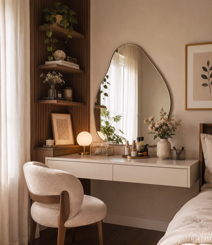 Organic modern bedroom corner vanity featuring a floating white drawer desk, an asymmetrical organic wall mirror, vertical wood-slat corner paneling with open display shelves, and a textured bouclé accent chair.
