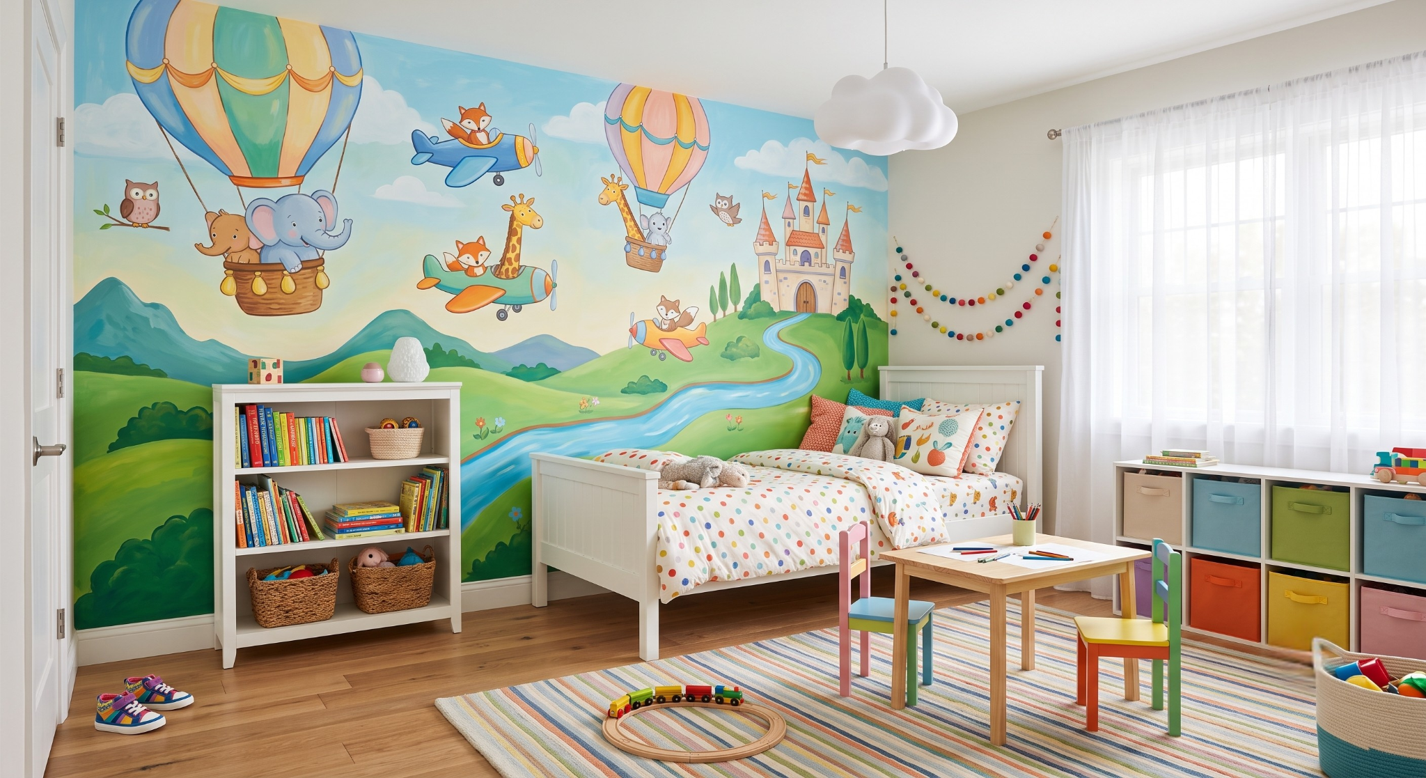 Colorful kids bedroom interior featuring a large wall mural with hot air balloons and animals, a white wooden bed, a low bookshelf, a play table, and colorful cubby storage.