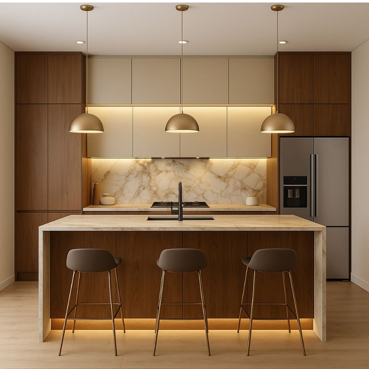 Luxury island modular kitchen featuring a marble waterfall countertop with integrated sink, floor-to-ceiling wood-finish tall units, matte beige upper cabinets, and three brass dome pendant lights.