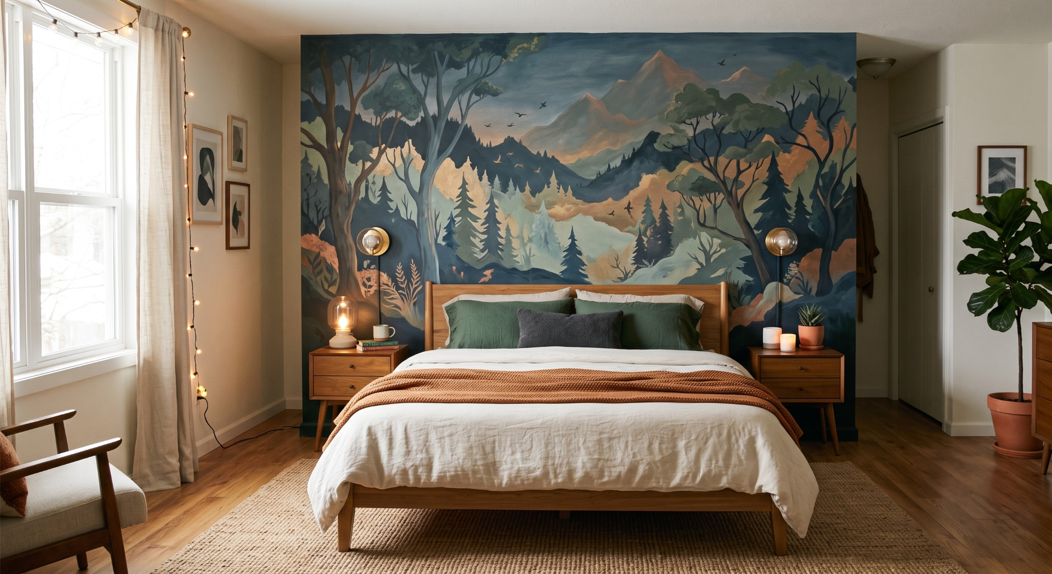 Cozy bedroom interior featuring a large painted forest and mountain wall mural acting as a headboard behind a wooden bed frame, flanked by mid-century modern nightstands and brass sconces.