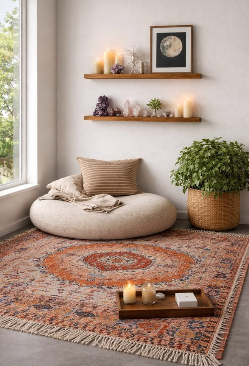 Cozy meditation corner by a bright window featuring a large round floor cushion, a vintage patterned rug, wooden floating shelves displaying crystals and candles, and a potted plant in a woven basket.