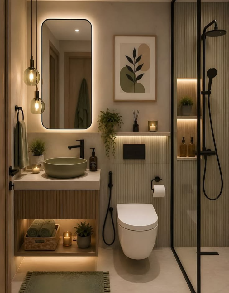 Compact spa-like bathroom interior featuring a ribbed feature wall, a floating wooden vanity with an open shelf, a sage green vessel sink, a backlit rectangular mirror, and an illuminated shower niche.