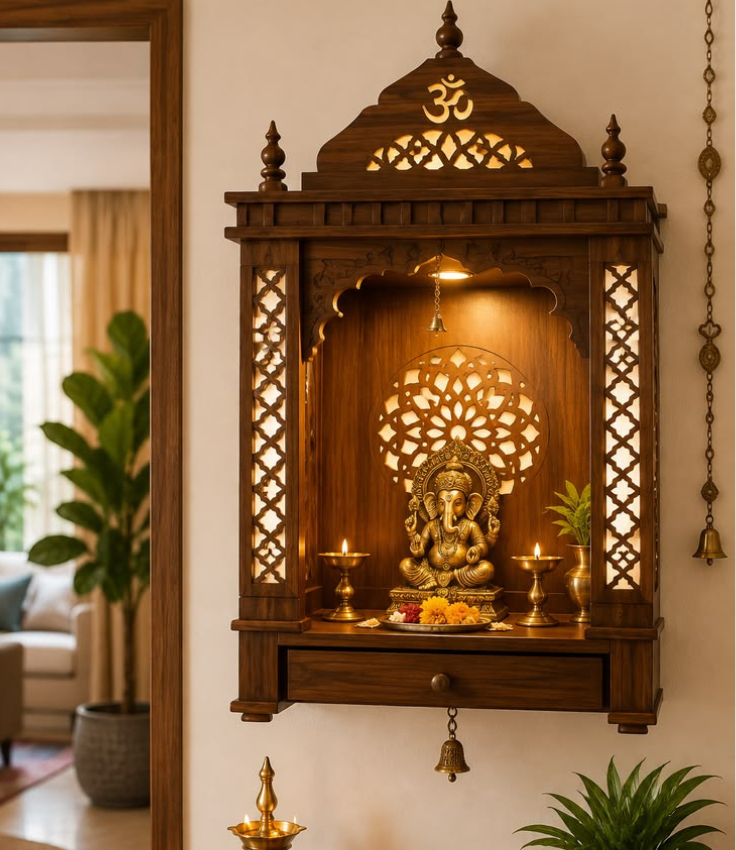 Wall-mounted wooden pooja mandir featuring a carved Om symbol, a backlit mandala jaali backdrop, a hanging brass bell, and a single drawer, displaying a brass Lord Ganesha idol.