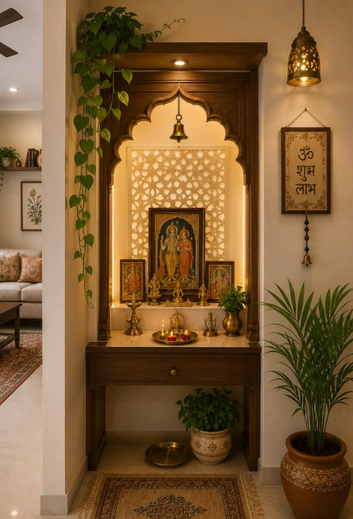 Compact wooden pooja unit set in a narrow alcove, featuring a carved arch with a hanging brass bell, a backlit geometric jaali backdrop, and a single wooden drawer base styled with brass diyas and trailing plants.