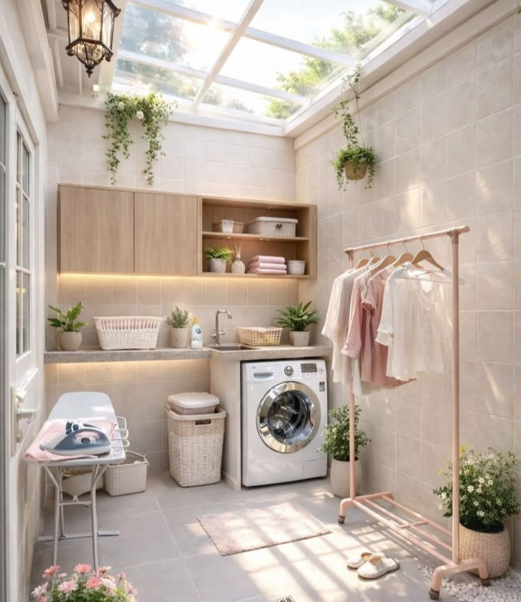 Bright dedicated utility and laundry room featuring a glass skylight ceiling, neutral tiled walls, a front-load washing machine with a stone counter and sink, wood-finish wall cabinets with LED under-lighting, and a clothes-drying rack.
