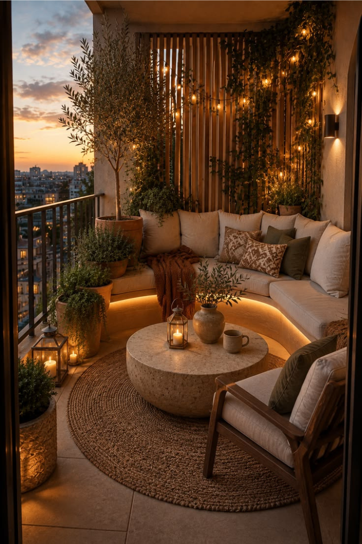 Evening apartment balcony lounge featuring curved built-in seating with under-cove lighting, a round stone coffee table, a jute rug, and a slatted wooden privacy screen adorned with string lights.