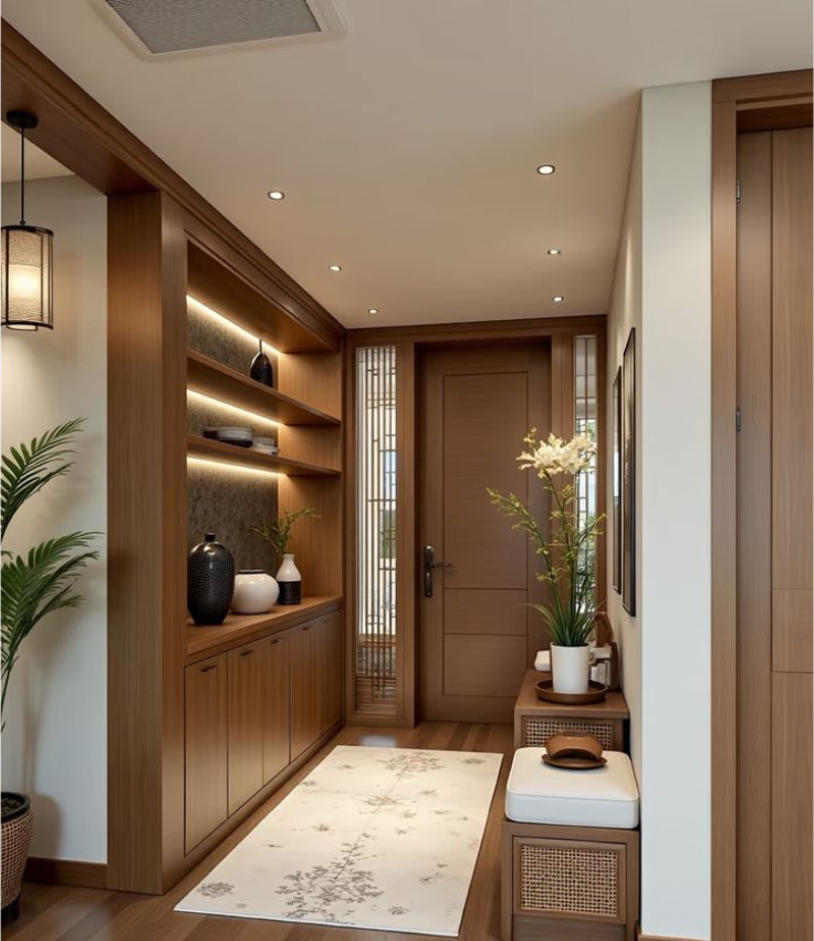 Warm-toned residential hallway and reception nook featuring built-in wooden display shelves with LED backlighting, closed lower credenza storage, an entryway bench with rattan accents, and a panelled main door.