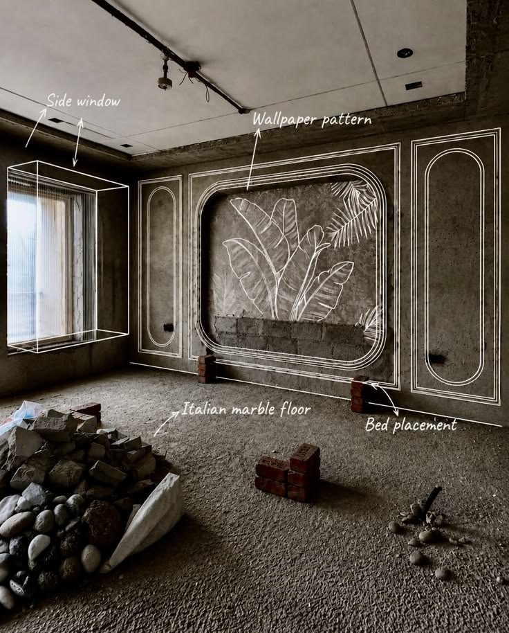 Houseway modern bedroom interior blueprint and overlay design services in Hyderabad, featuring a raw construction bedroom site overlaid with white wireframe sketches for side windows, wallpaper patterns, bed placement, and Italian marble flooring.