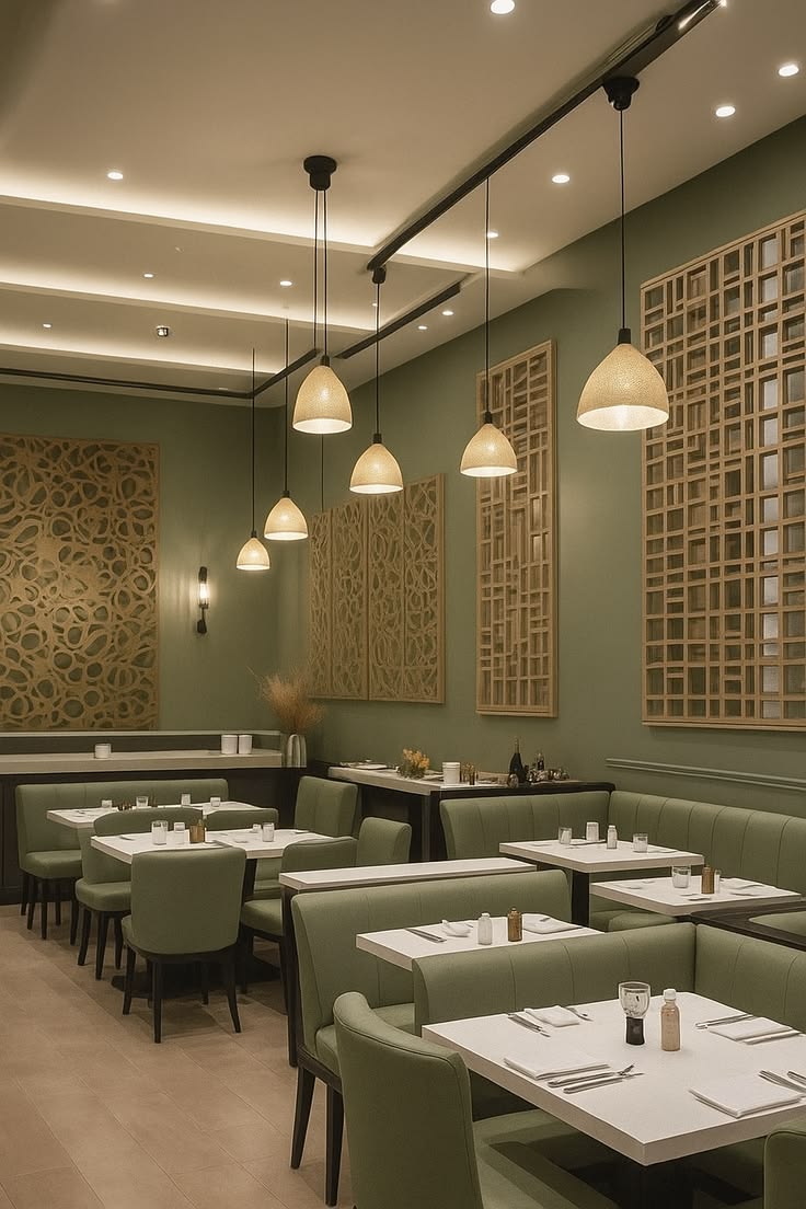 Houseway professional cafe interior design and commercial fit-out services in Hyderabad, featuring sage green walls, custom pendant lighting, and upholstered booth seating.