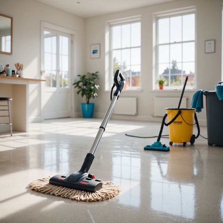 Houseway professional deep cleaning and post-construction cleanup services in Hyderabad, featuring sparkling clean polished floors and professional cleaning equipment in a bright home interior.