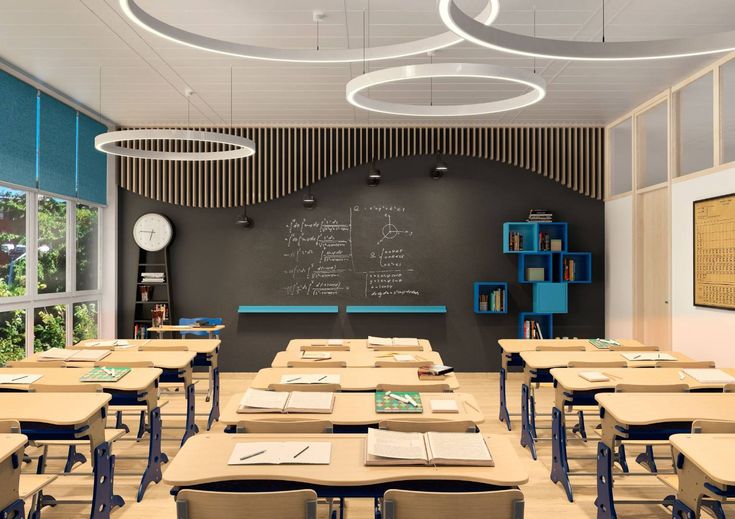 Houseway professional educational institution and school interior design services in Hyderabad, featuring modern smart classrooms, ergonomic student desks, organic wood-slat accent walls, and suspended ring LED lighting.